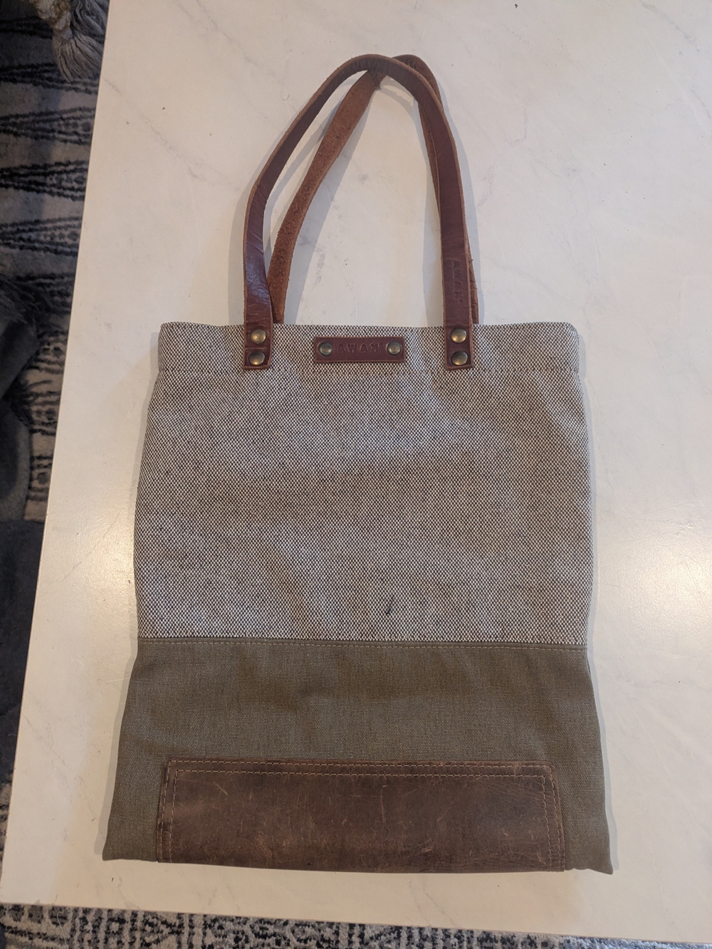 Two-Tone Canvas Tote with Leather Trim - Olive/Brown